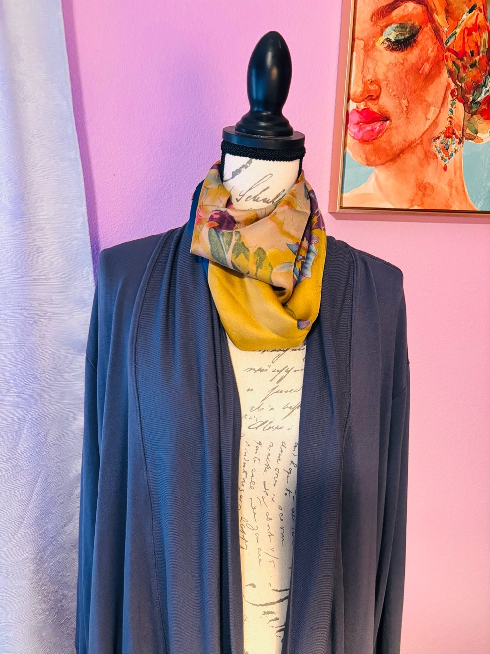 Athleta Navy Open-Front Cardigan with Mustard Floral Scarf